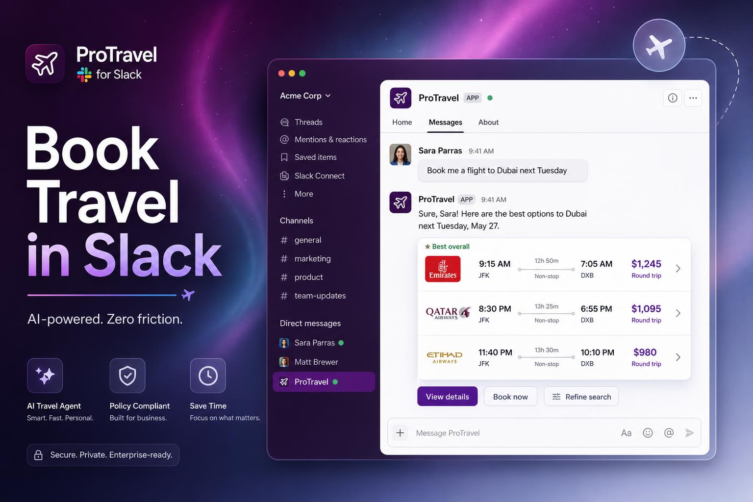 ProTravel for Slack — book travel in Slack with AI